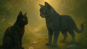 Spottedpaw con pelaje oscuro estilo carey sentada con elegancia sobre flores silvestres aplastadas, frente a Thistleclaw musculoso de pelaje gris atigrado y mirada penetrante, ambos envueltos por la bruma del amanecer, rayos dorados filtrándose entre hojas y musgo brillante entre las piedras del claro – imagen del resumen por capítulos del libro Spottedleaf’s Heart