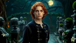 Portrait of Armand in dark Renaissance attire with melancholic gaze in a moonlit garden – Chapter-by-chapter Summary of The Vampire Armand