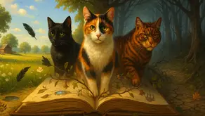 Tres gatos – Ravenpaw negro bajo el sol, Mapleshade tricolor emergiendo del barro, y Tigerstar atigrado en el bosque – rodeados de letras flotantes y hojas al viento – Orden de lectura – Warrior Cats novelas cortas