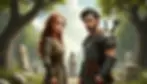 Visenna with reddish hair and Korin in worn travel armor, both facing forward in a forest clearing with ancient trees and ritual stone – chapter-by-chapter summary of the book The Road with No Return