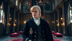 Portrait of Lestat with platinum blonde hair, navy cloak and golden crest in a candlelit gothic hall – Chapter-by-chapter Summary of Blood Communion
