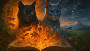 Gray Wing y Clear Sky, dos gatos grises, surgen de un libro en llamas con figuras felinas corriendo, bosque incendiado y tormenta al fondo – Orden de lectura – Warrior Cats Dawn of the Clans