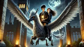 Harry con gafas y Hermione con cabello rizado montan juntos sobre el hipogrifo Buckbeak, que vuela por el cielo nocturno con las alas abiertas; al fondo se ve una torre iluminada de Hogwarts – Resumen por capítulos del libro Harry Potter y el prisionero de Azkaban