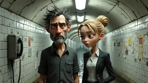 Cormoran Strike con camisa oscura y expresión agotada junto a Robin Ellacott con blazer formal, dentro de un túnel cerrado con paredes manchadas, graffiti y luz blanca dura – resumen por capítulos del libro El hombre marcado