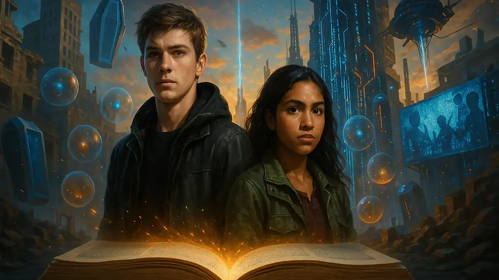 Adolescente con chaqueta negra y joven con cabello oscuro surgen de un libro rodeados de esferas luminosas y ruinas futuristas – Orden de lectura de El juego infinito