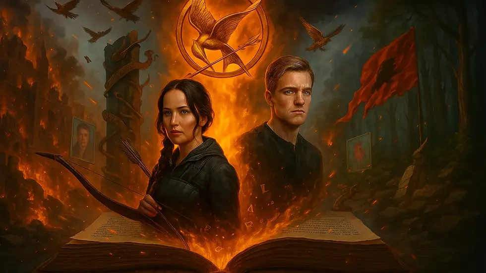 Rebelde con arco y joven serio emergen de un libro entre llamas, aves del Sinsajo y restos de una ciudad destruida – Orden de lectura de Los Juegos del Hambre