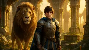 Prince Caspian in golden armor beside Aslan amid ivy-covered broken pillars – Chapter-by-chapter Summary of Prince Caspian