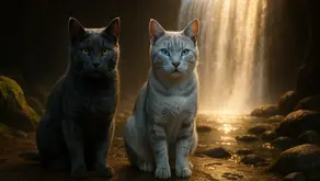 Gato gris y figura etérea oscura enfrentados en un claro con luz dorada – resumen por capítulos del libro The Sun Trail