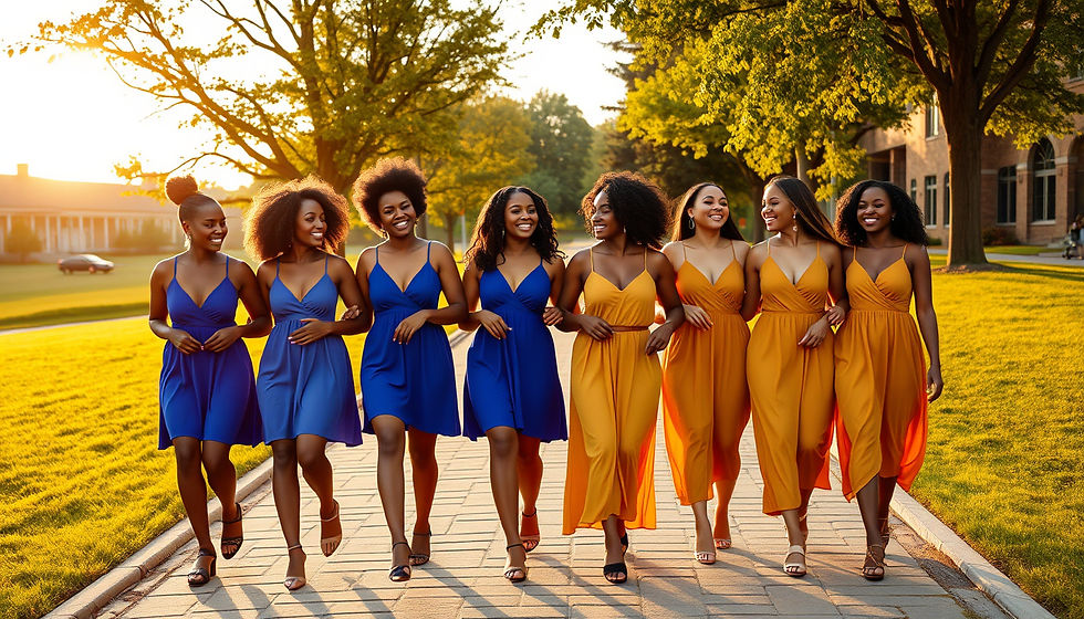 Wide-angle view of sorority sisters walking together at sunset