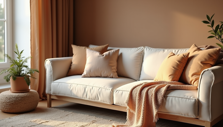 Eye-level view of a living room with warm earth tones and soft textiles