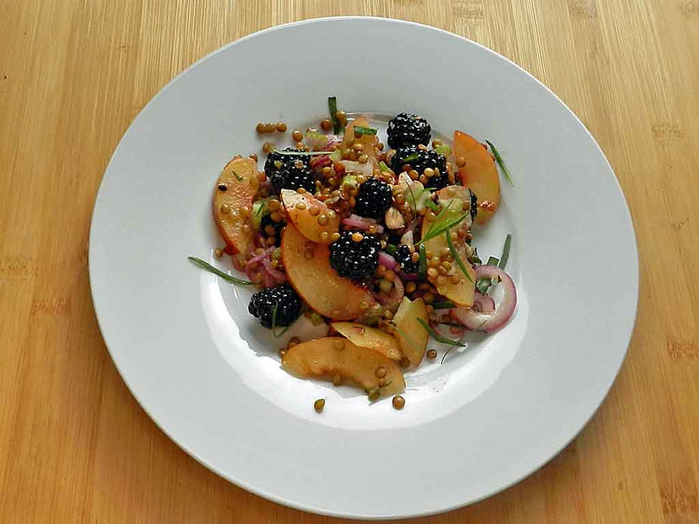 Ein wirklich bunter Salat mit Linsen, Pflaumen, Brombeeren und roten Zwiebeln. Foto: kochgesellschaft