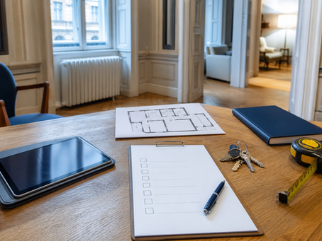 Budapest apartment due diligence desk with a floor plan, keys and checklist