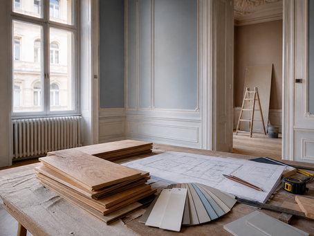 Budapest apartment renovation planning with flooring samples and tools