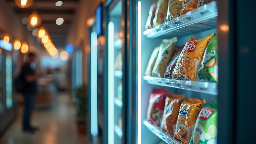 Eye-level view of a modern vending machine stocked with healthy snacks