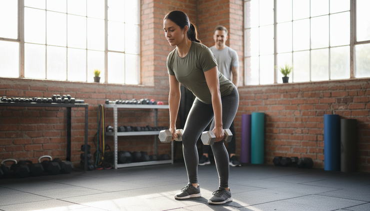 Wide-angle view of a quiet strength training area with a person lifting light dumbbells
