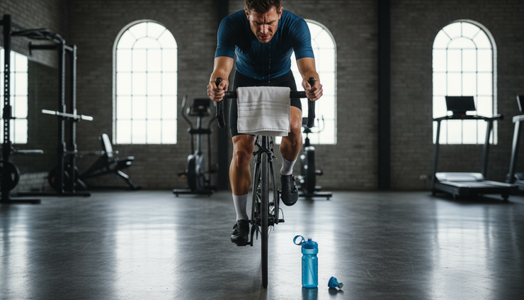 Eye-level view of a cyclist recovering between sprint intervals beside a stationary bike