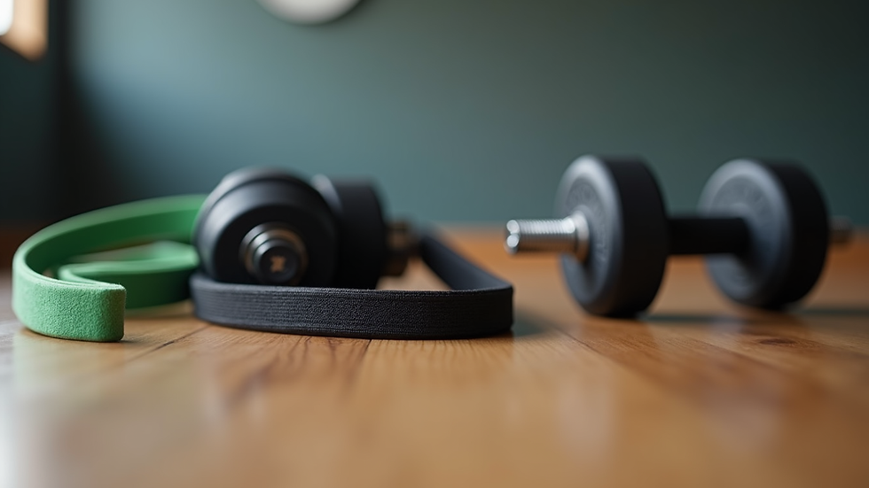 Close-up view of resistance bands and adjustable dumbbells on a wooden floor