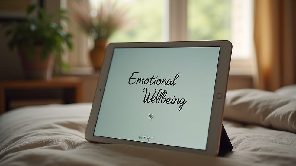 Eye-level view of a tablet displaying an emotional wellbeing book cover