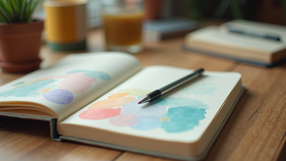 Eye-level view of a colourful mindfulness journal on a wooden table