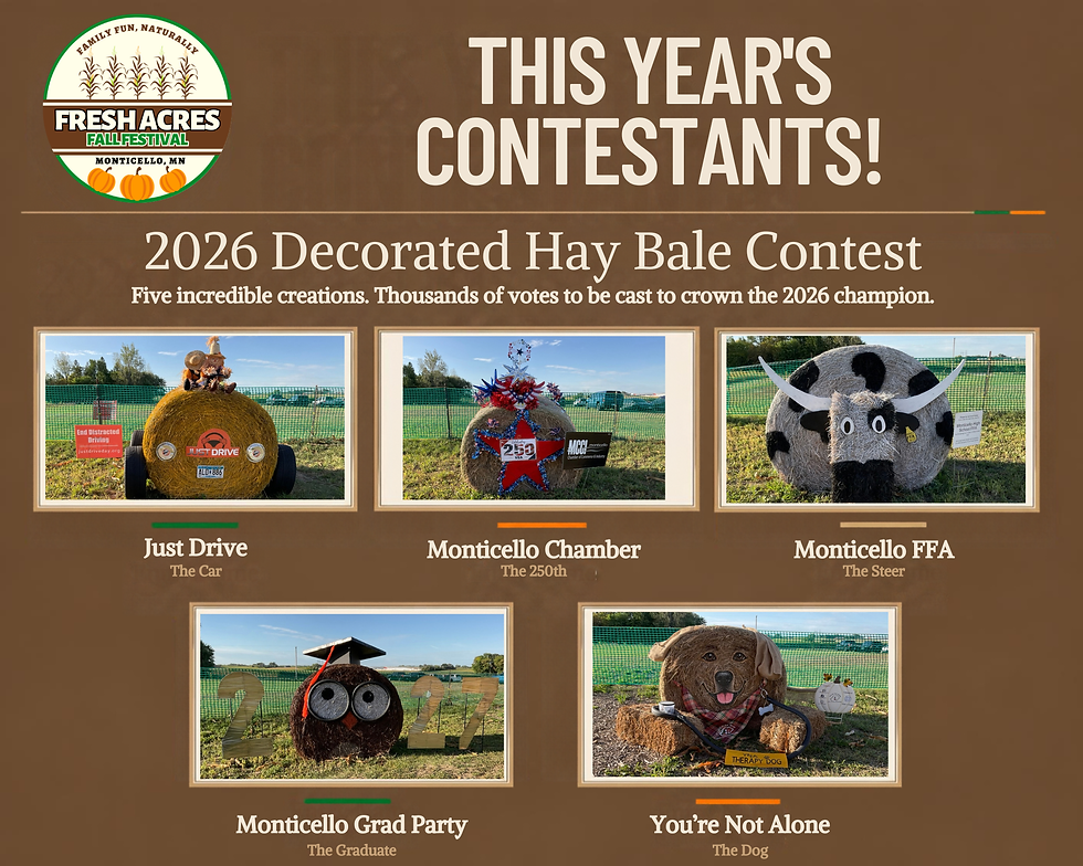 2026 Fresh Acres Decorated Hay Bale Contest entries in Monticello, Minnesota