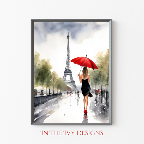 Classy Print, Eiffel Tower, Paris, Red Umbrella, Wall Art, Wall Decor