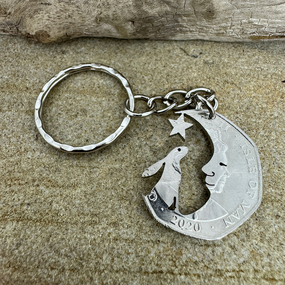 Moon gazing hare and star keyring – hand cut from 50p coin, Guess How Much I Love You