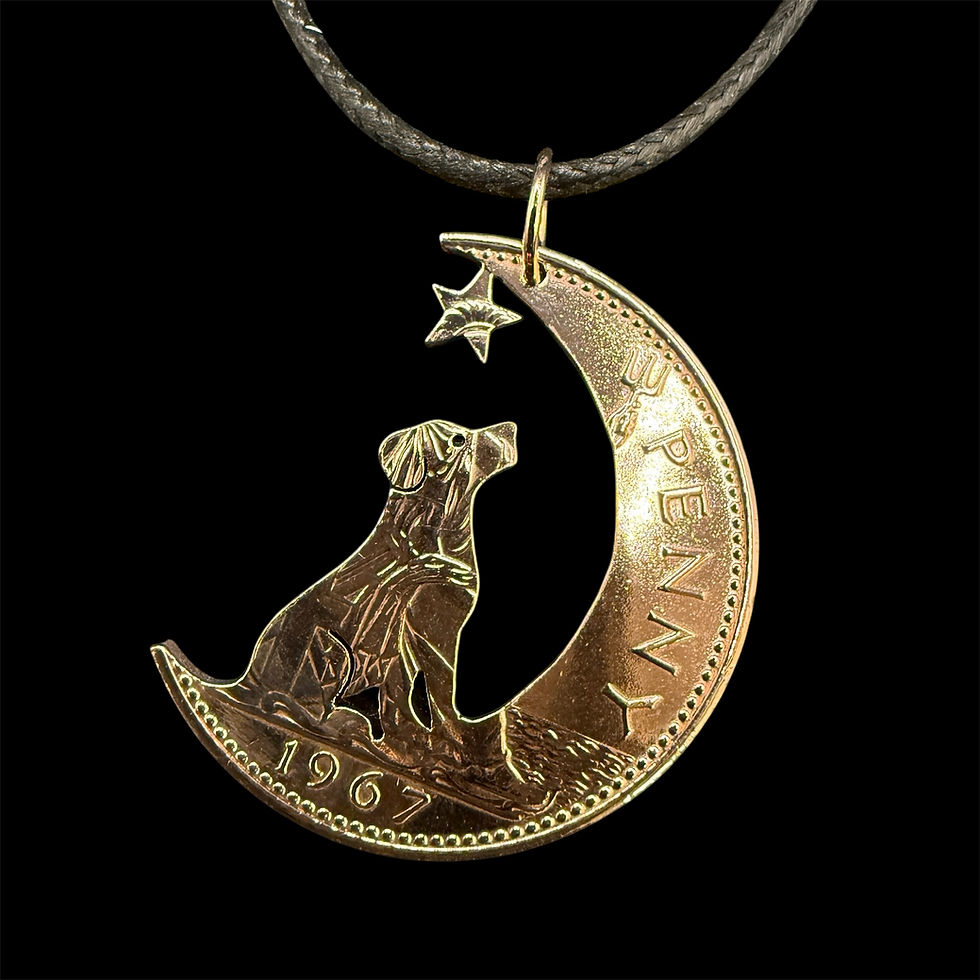 Hand-cut pre-decimal penny pendant featuring a dog sitting on a crescent moon looking at a star, hanging on a waxed cotton co