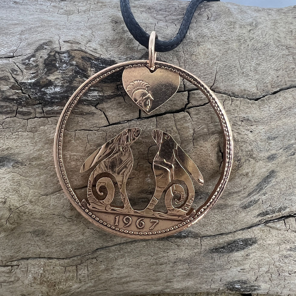 Heart gazing hares keyring – hand cut from a UK penny coin, romantic coin gift with heart charm