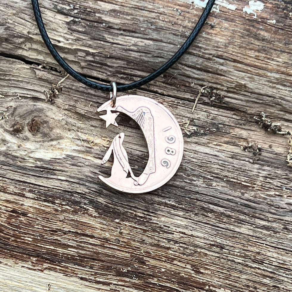 2p coin pendant with moon gazing hare and stars – hand cut design for romantic gift