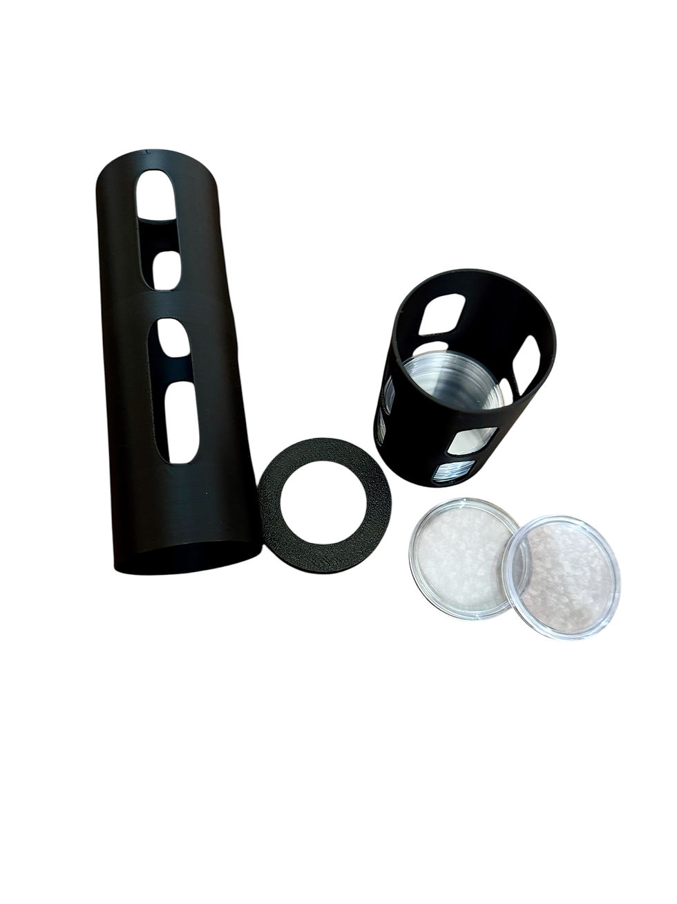 Black 3D printed coin storage tube with internal insert and 39mm coin capsules (not included)
