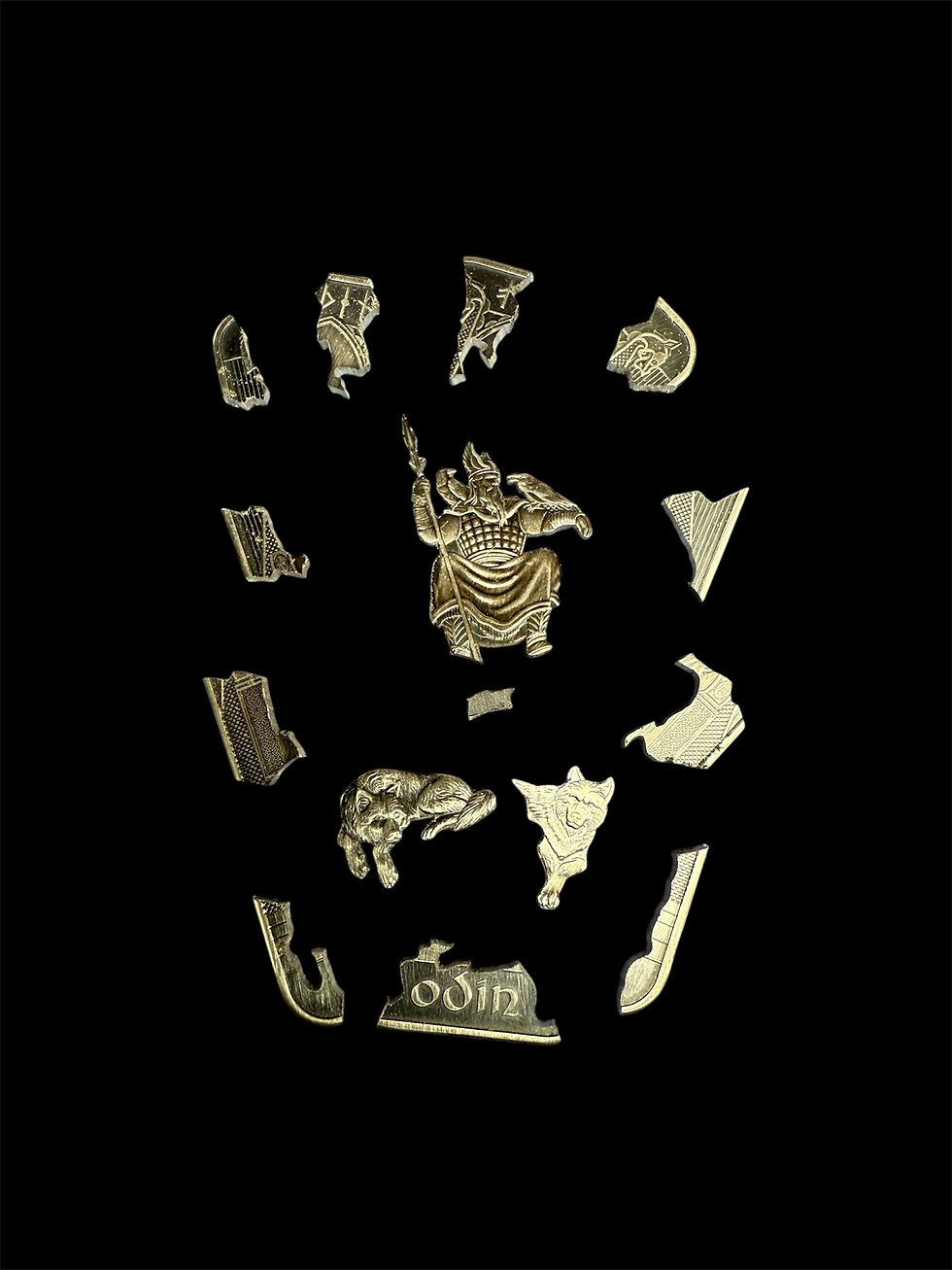ExplODIN puzzle bar showing 17 disassembled engraved pieces forming an Odin Norse art puzzle.
