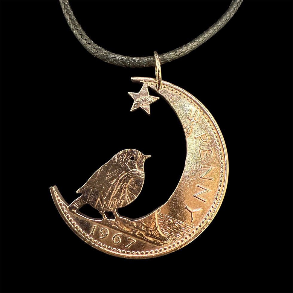 Hand-cut pre-decimal penny pendant featuring a robin sitting on a crescent moon with a star above, hung on a waxed cord neckl