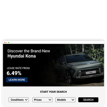 Car dealership website example showing Hyundai Kona promotion with search filters for conditions, prices, and models