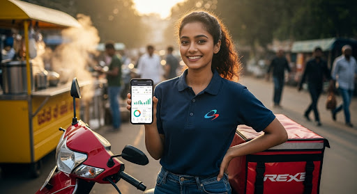 Smiling person in a blue polo holds a smartphone displaying charts, standing by a red scooter on a bustling street. Background food stall visible.