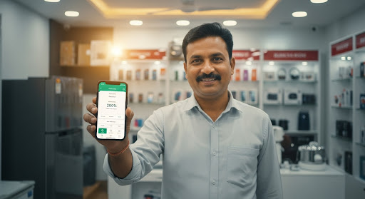 Man in a store holds a smartphone displaying a green app screen with 200% text. Bright lighting and shelves of electronics in the background.