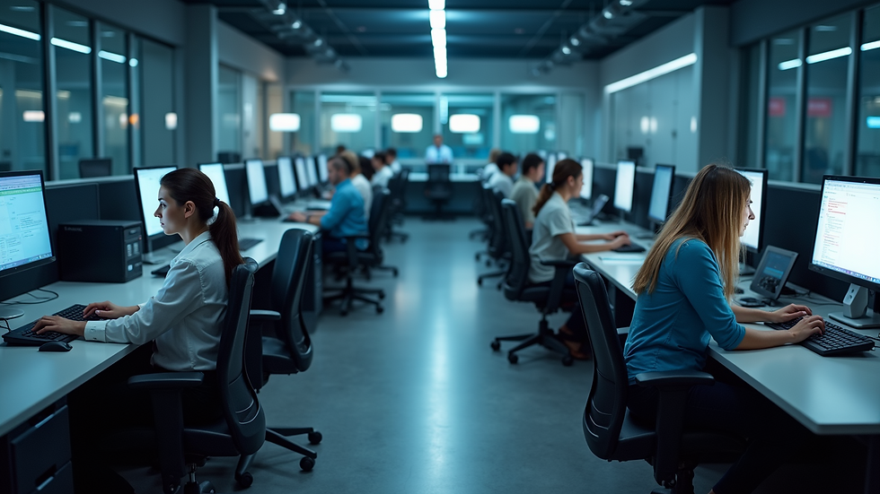 High angle view of a call center with agents using AI-assisted software
