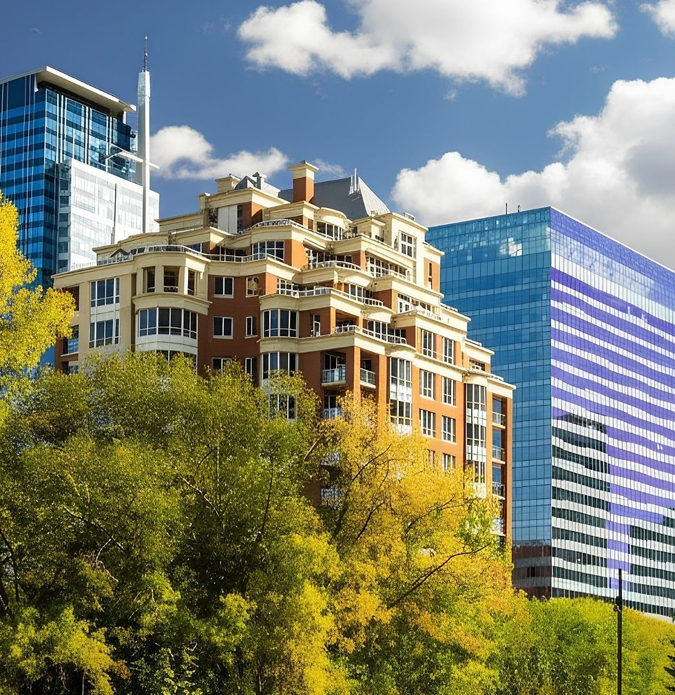 Condo building by pathways in Eau Claire with the top 3 floors being a penthouse on an autumn day with clouds in the blue sky