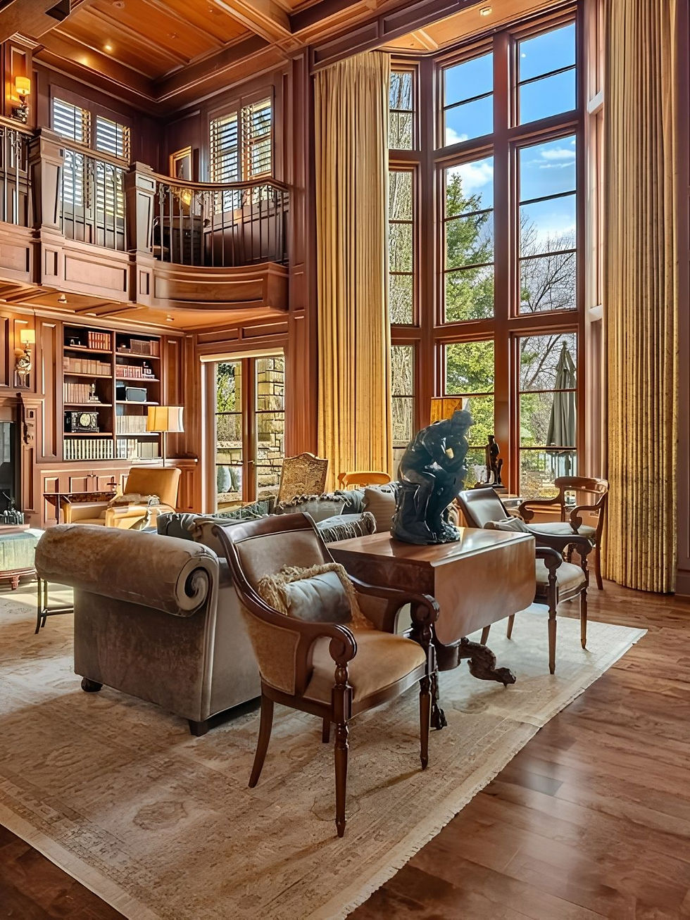 Large library with large floor to ceiling windows and bookcases on two levels and comfortable living area