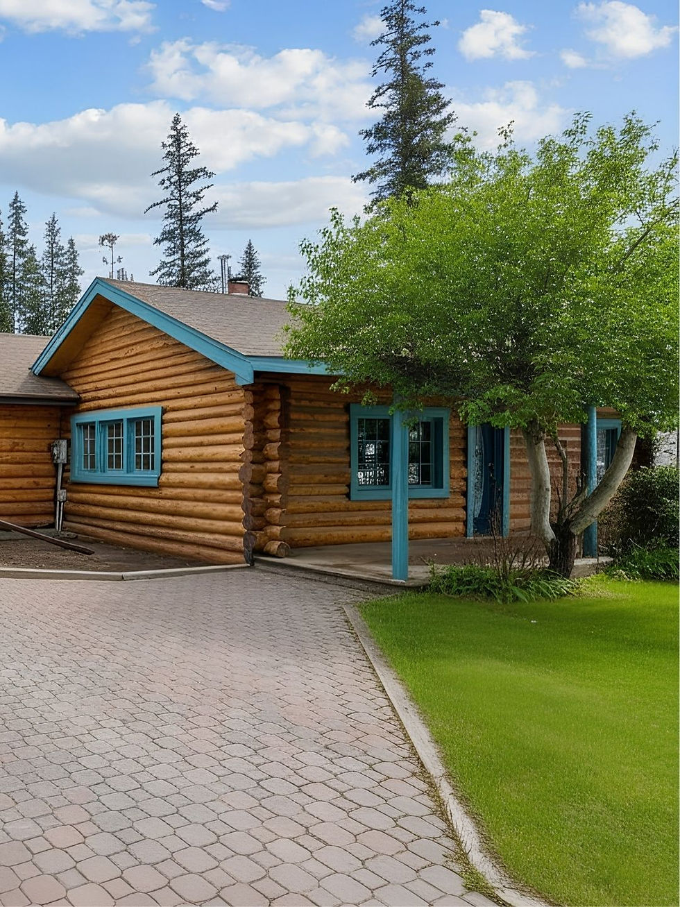 The front exterior and private treed driveway of 4 Pine Avenue in Bragg Creek