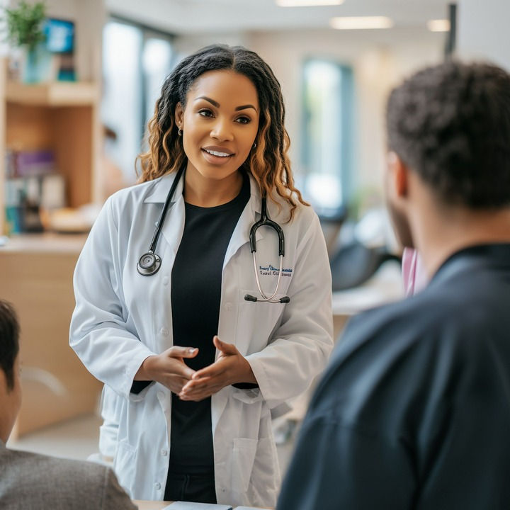 Smiling female doctor in a white coat speaking with a patient in a modern medical office
