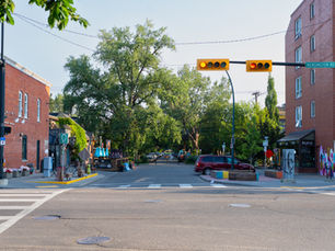 An intersection in Kensington in summer with mature trees and colourful umbrellas on a pub patio and heritage buildings and parking