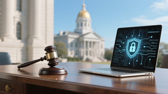 Gavel on a wooden desk beside a laptop displaying a padlock icon and circuit pattern. Courthouse with a gold dome in the background.