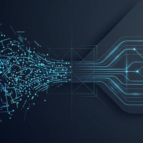 Abstract image of chaotic blue lines and dots transforming into organized pathways on a dark background, symbolizing data processing.