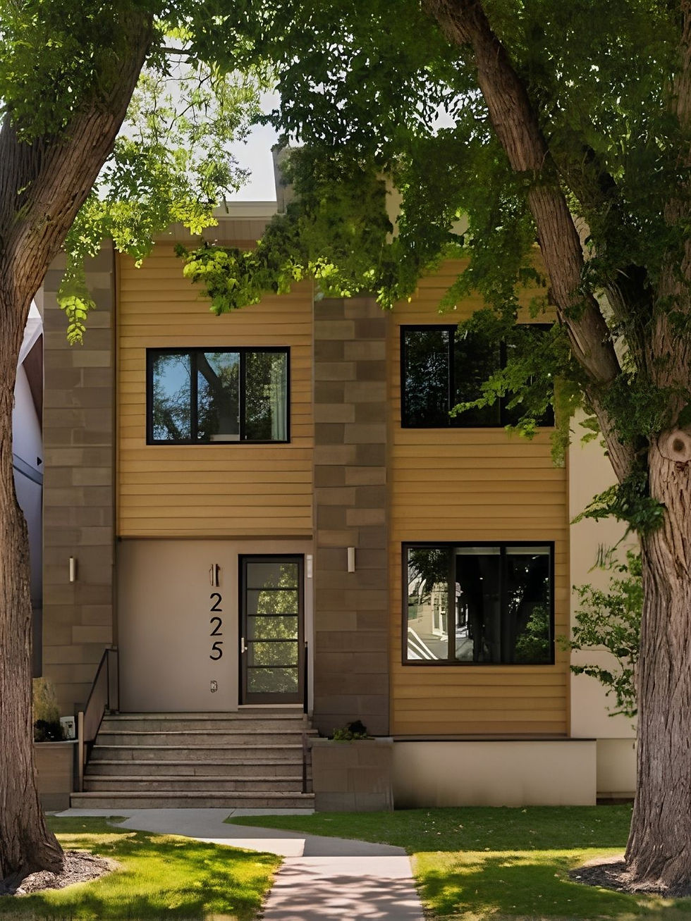 Renovated minimalist home with manufactured wood siding and faux large brick with concrete steps with designs