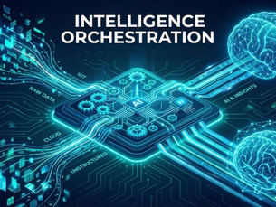 Futuristic tech setting with brains linked to a central AI chip. Text: "INTELLIGENCE ORCHESTRATION." Keywords: IoT, raw data, cloud, insights.