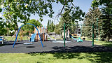 A cute playground with a dinosaur swing, sldes and lots of green space to play in summer with many mature trees