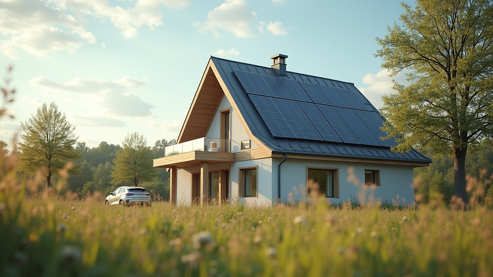 Eye-level view of a modern home with solar panels on the roof