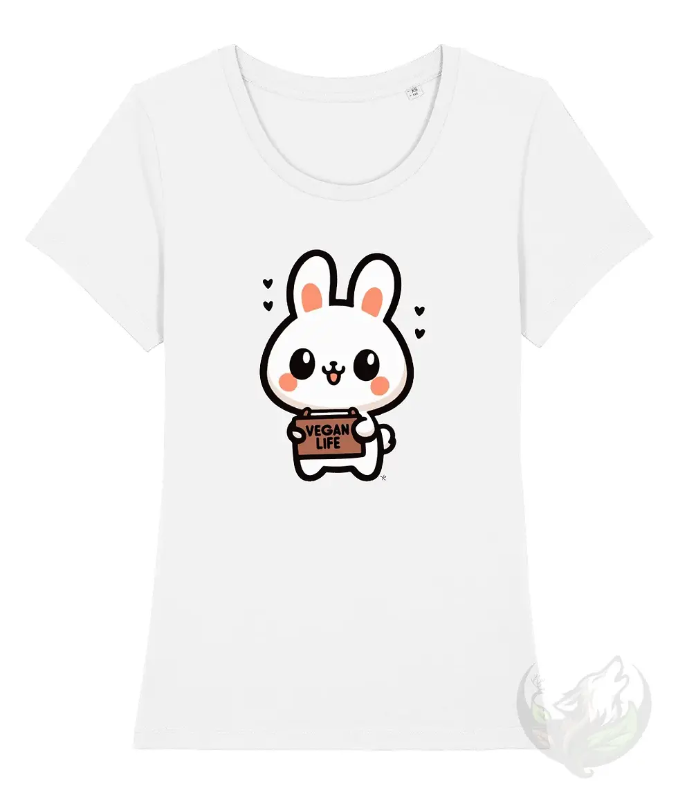 Thumbnail: White scoop neck tee with Cute Bunny Vegan Life design shown on a clean surface with soft even lighting.