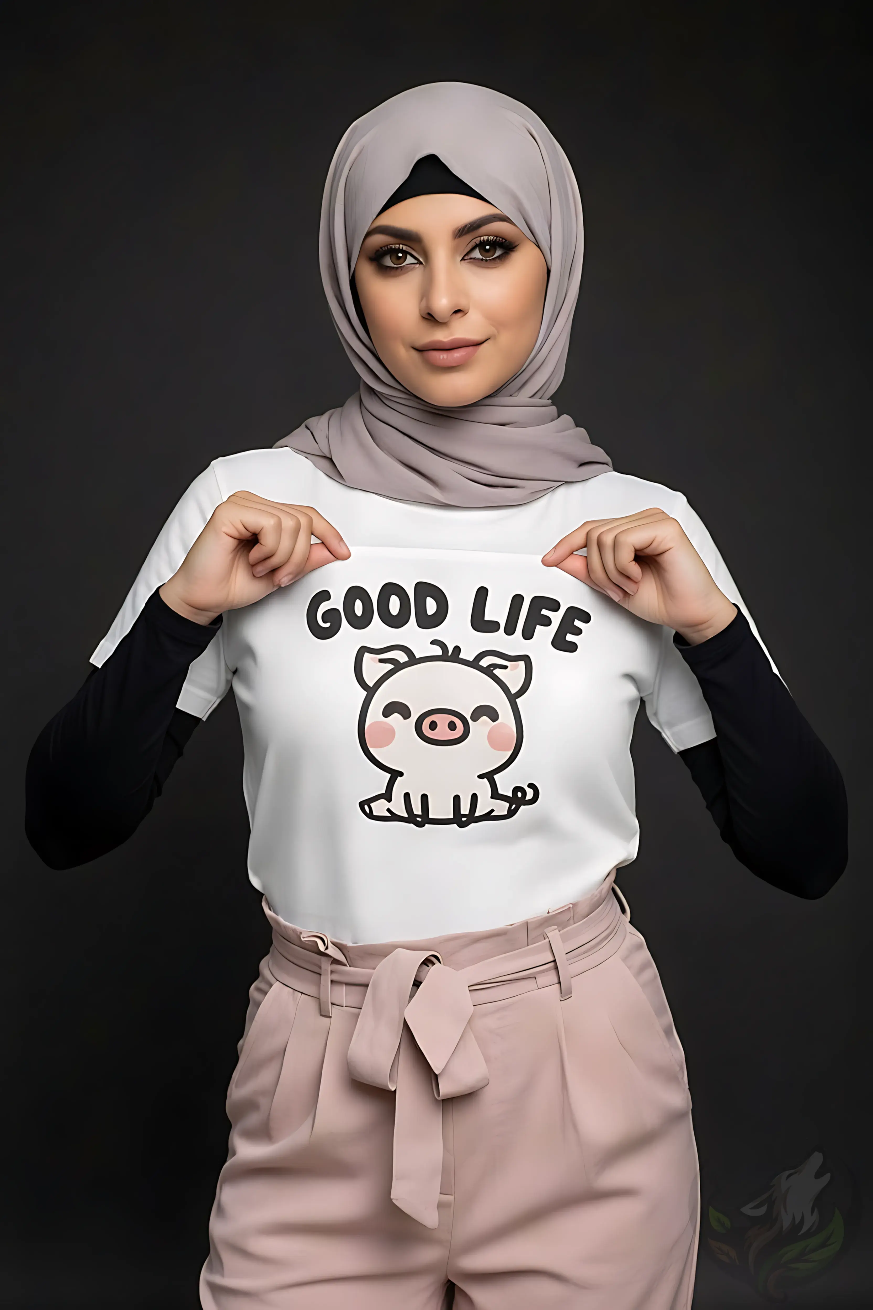 White tee with cute Good Life pig design held forward against a dark background.