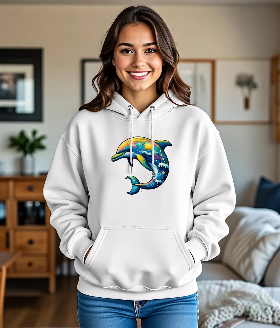 Thumbnail: Smiling woman wearing a white hoodie with colorful pixel-style dolphin artwork in a bright modern living room